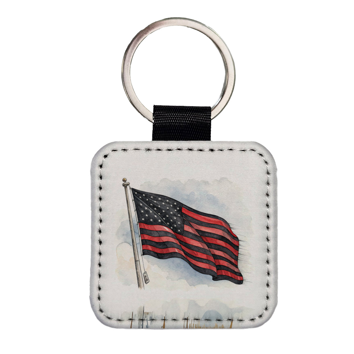 Black Red Waving American Flag Watercolor USA United States Square Faux Leather Keychain