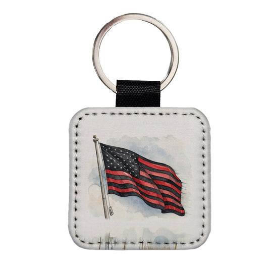 Black Red Waving American Flag Watercolor USA United States Square Faux Leather Keychain