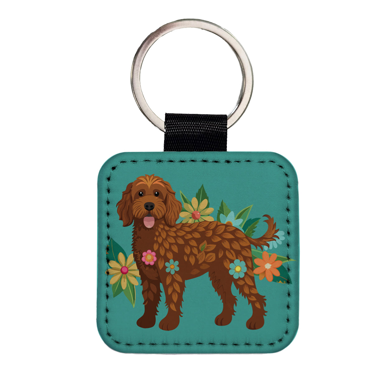 Brown Labradoodle Floral Motif Dog Square Faux Leather Keychain