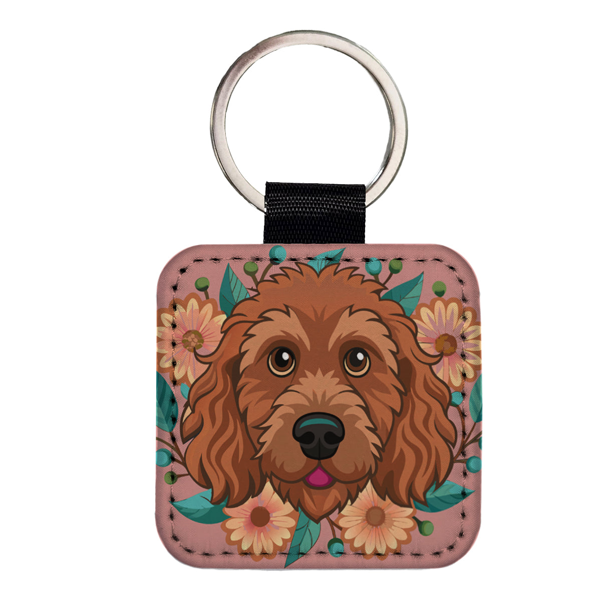 Brown Labradoodle Head Floral Motif Dog Pink Background Square Faux Leather Keychain