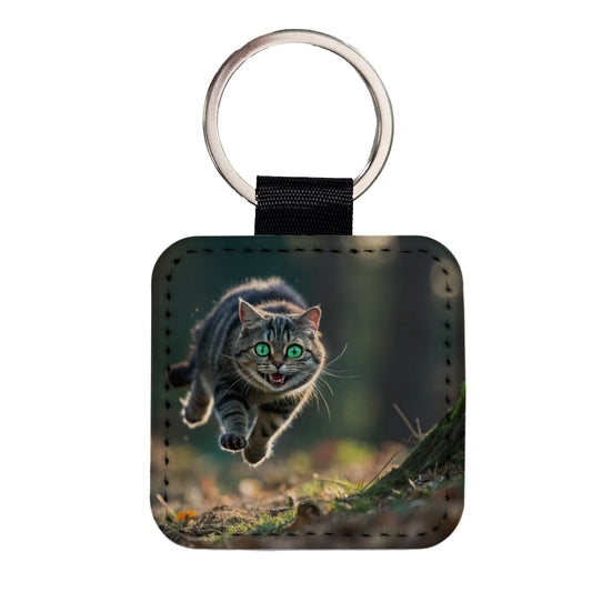 Cat Leaping Green Eyes Funny Square Faux Leather Keychain