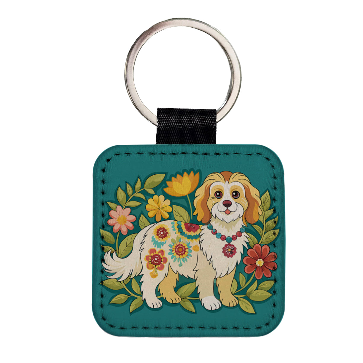 Cavachon Floral Motif Dog Cute Square Faux Leather Keychain