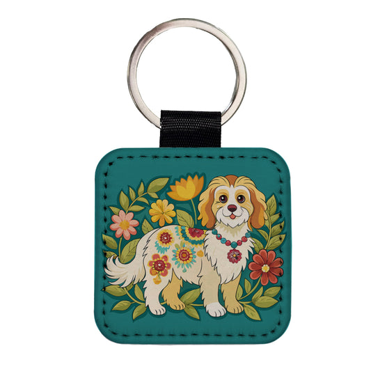 Cavachon Floral Motif Dog Cute Square Faux Leather Keychain