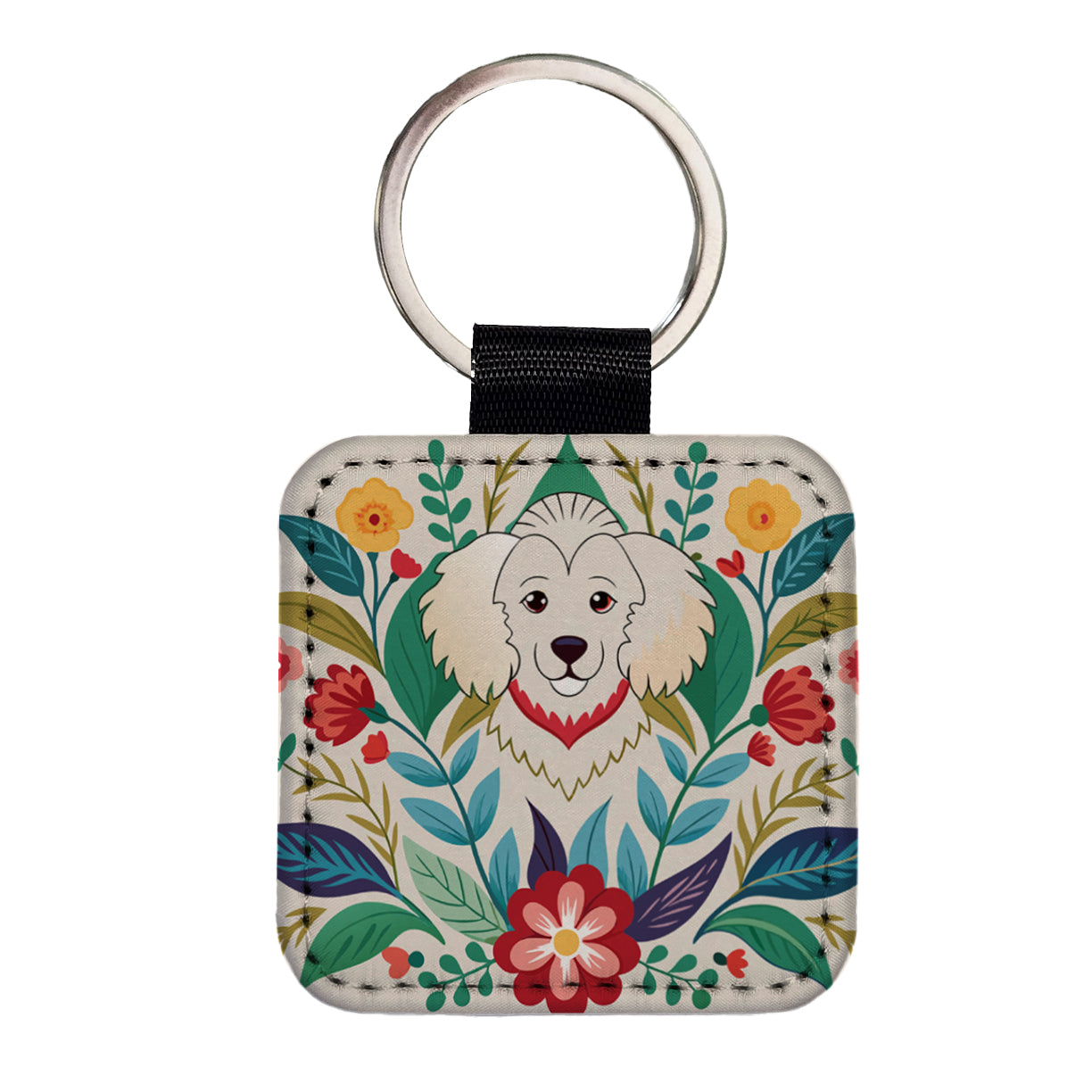 Cavachon Floral Motif Dog Square Faux Leather Keychain