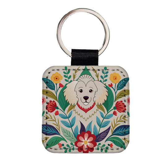 Cavachon Floral Motif Dog Square Faux Leather Keychain