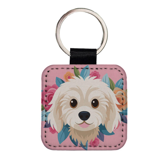 Cavachon Head Dog Floral Motif Pink Background Square Faux Leather Keychain