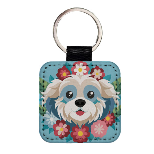 Cavachon Head Floral Dog Motif Blue Background Square Faux Leather Keychain