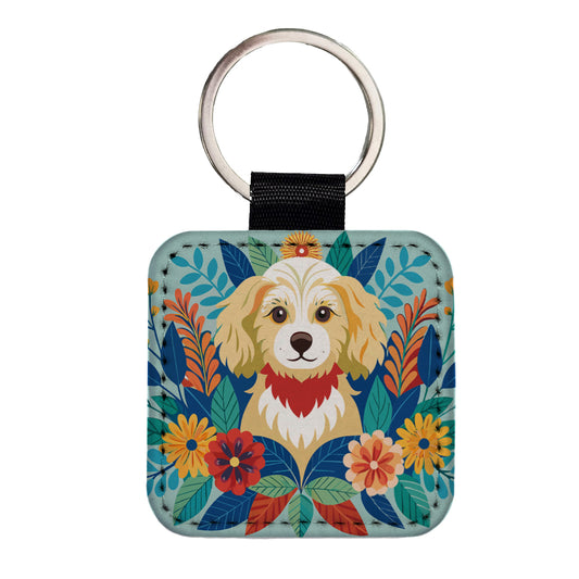 Cavapoo Floral Motif Dog Blue Square Faux Leather Keychain