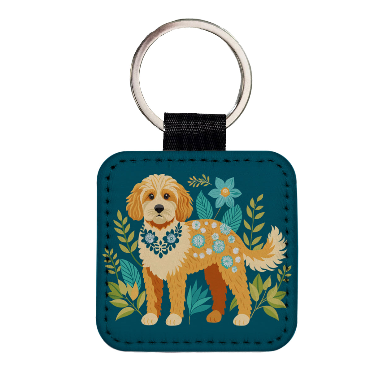 Cavapoo Floral Motif Dog Square Faux Leather Keychain