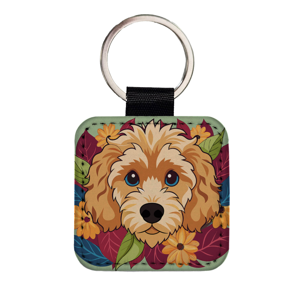 Cavapoo Head Floral Motif Dog Square Faux Leather Keychain