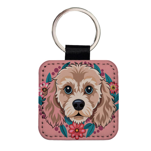 Cavapoo Head Floral Motif Pink Dog Square Faux Leather Keychain