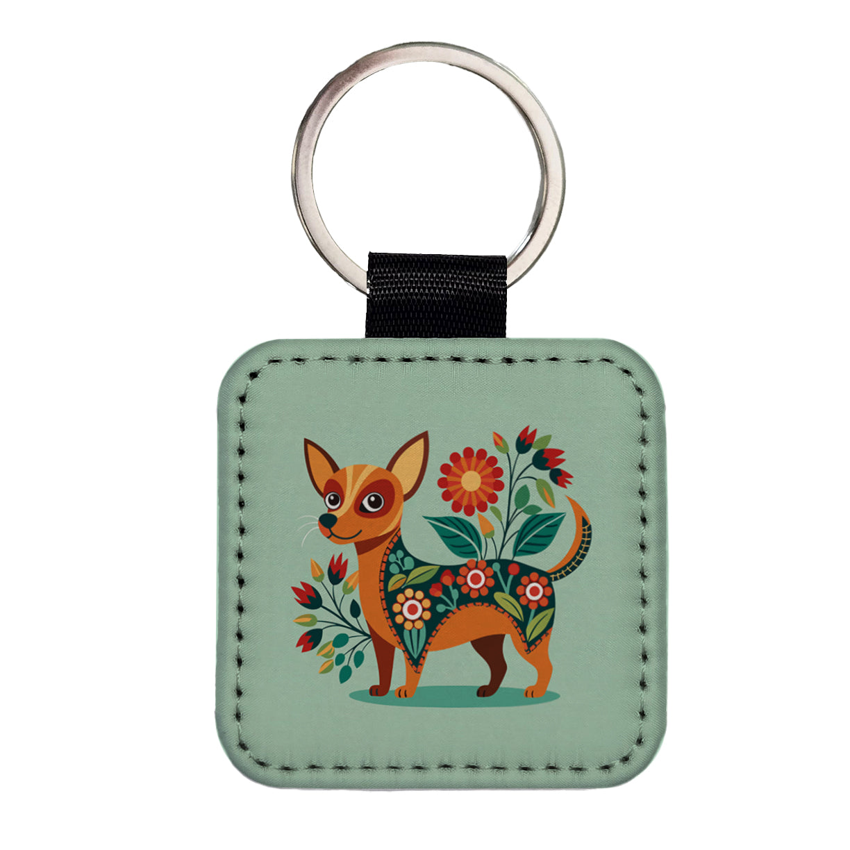 Chiweenie Floral Motif Cute Dog Square Faux Leather Keychain
