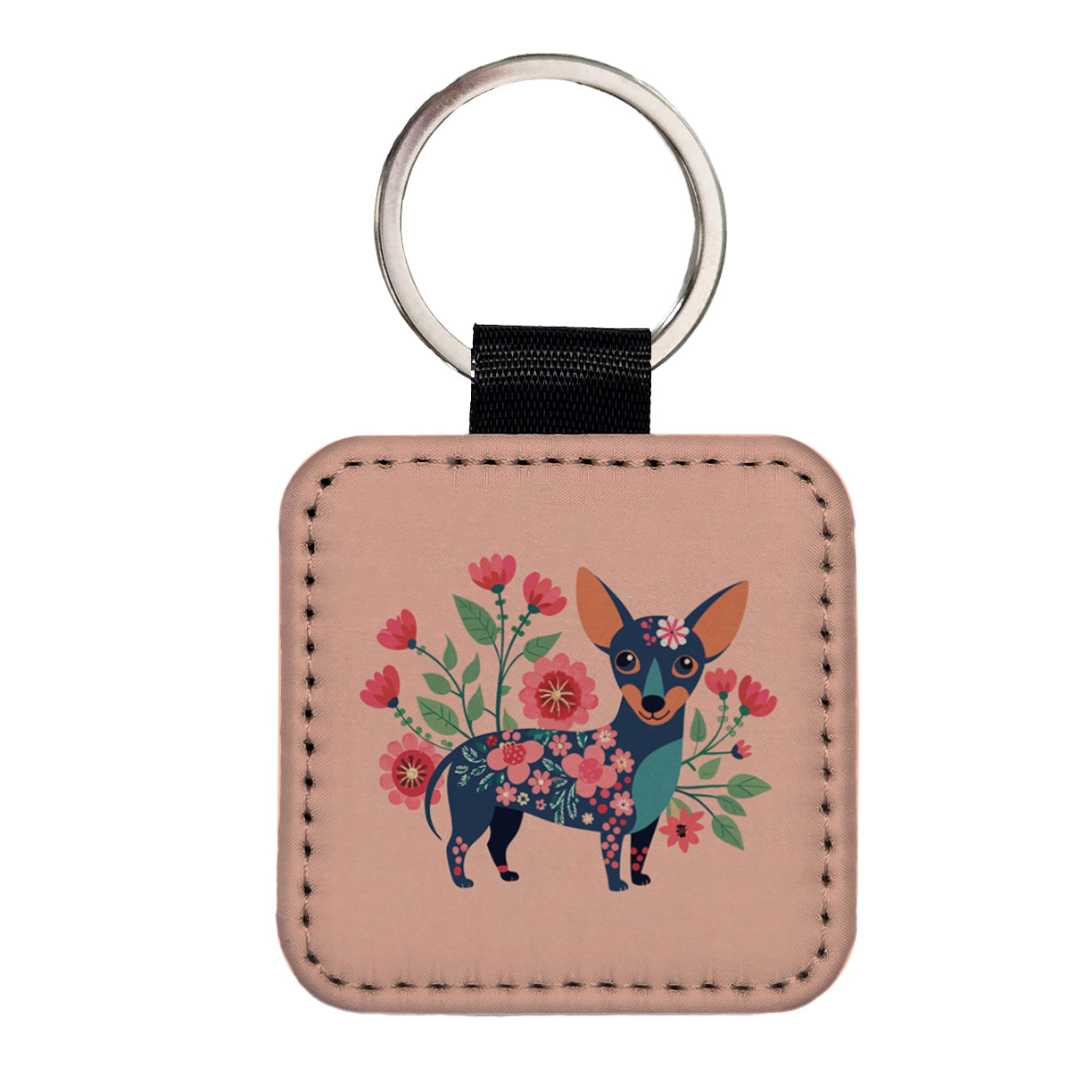 Chiweenie Floral Motif Pink Cute Dog Square Faux Leather Keychain