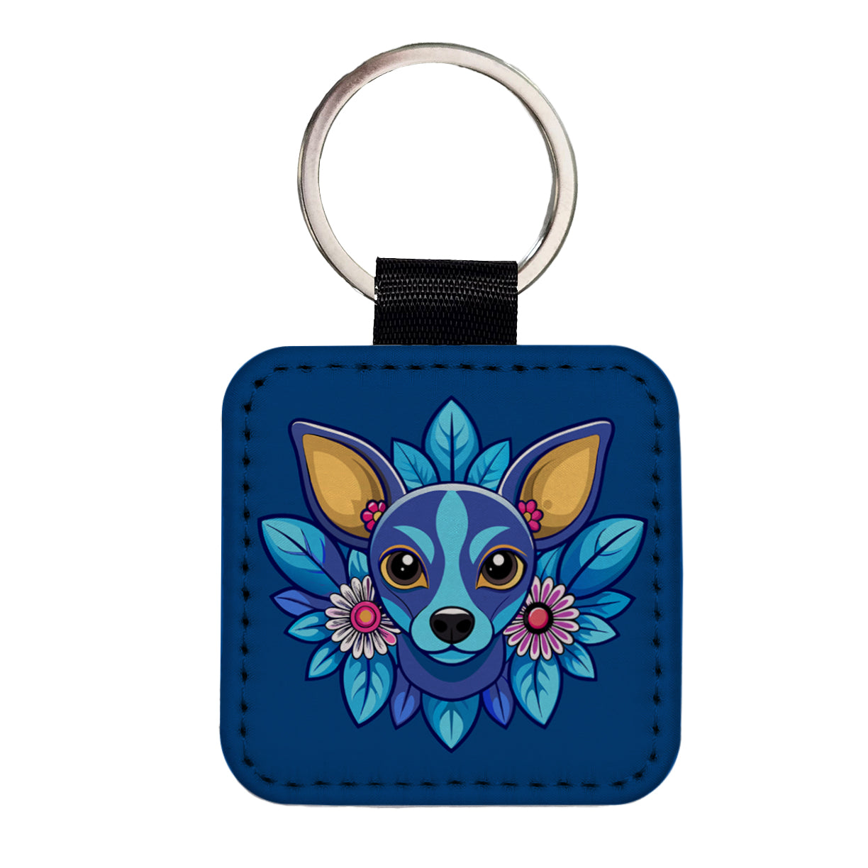 Chiweenie Head Floral Motif Blue Dog Square Faux Leather Keychain