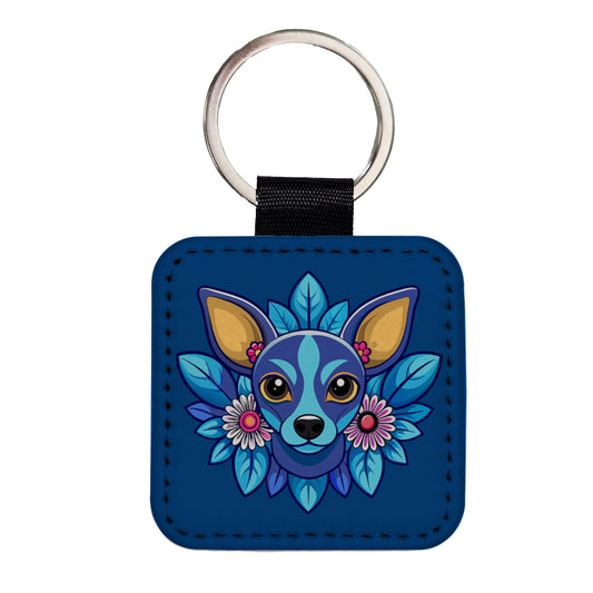 Chiweenie Head Floral Motif Blue Dog Square Faux Leather Keychain