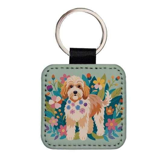 Cockapoo Floral Motif Dog Square Faux Leather Keychain