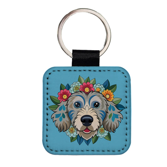 Cockapoo Head Floral Motif Light Blue Dog Square Faux Leather Keychain