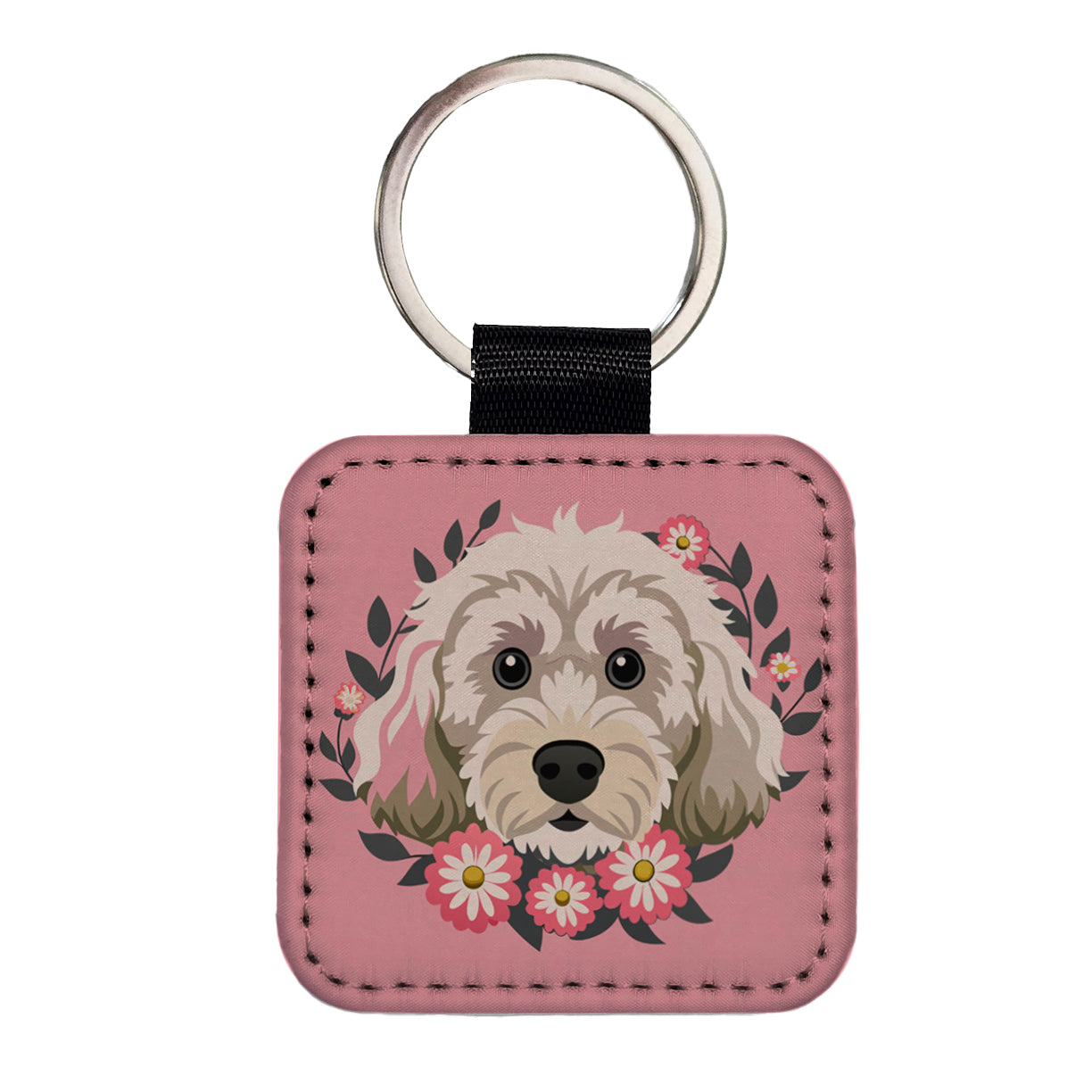 Cockapoo Head Floral Motif Light Pink Dog Square Faux Leather Keychain