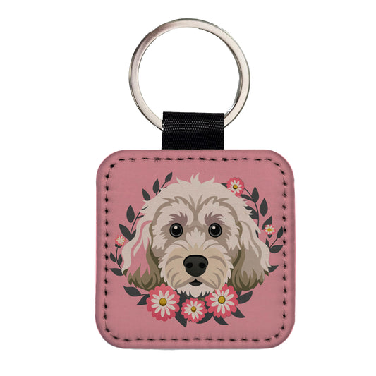Cockapoo Head Floral Motif Light Pink Dog Square Faux Leather Keychain
