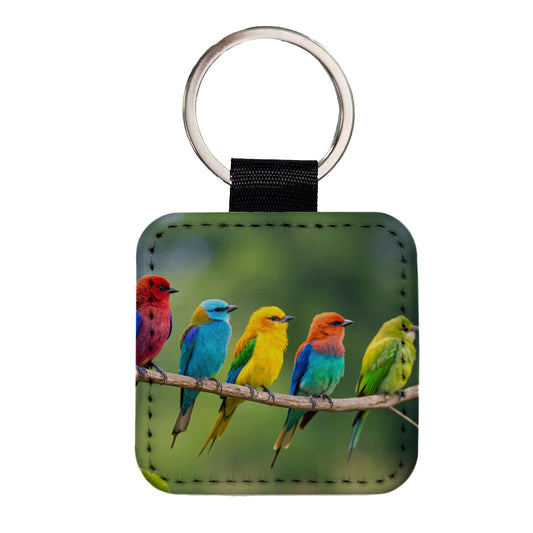 Colorful Birds In A Row Square Faux Leather Keychain