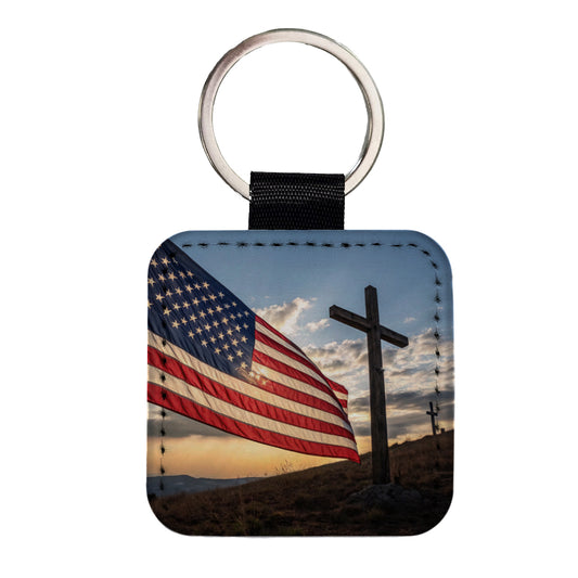 Cross Over American Flag USA United States Religious Square Faux Leather Keychain