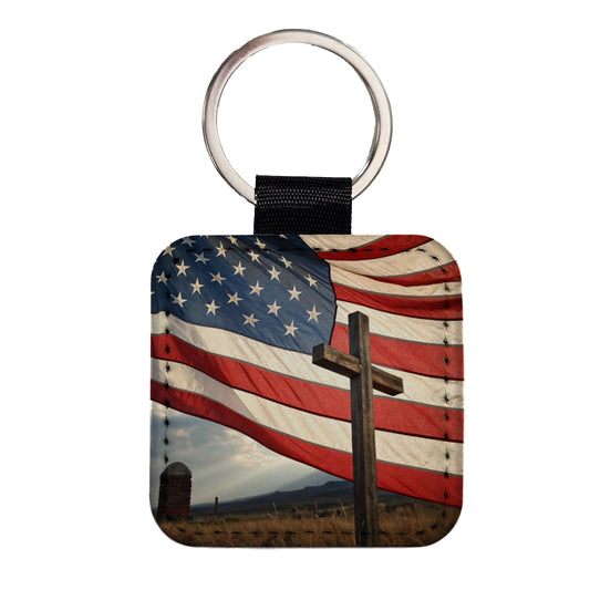 Cross Over American Flag USA United States Square Faux Leather Keychain
