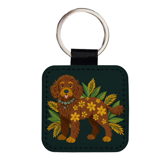 Dark Brown Golden Doodle Floral Motif Green Dog Square Faux Leather Keychain