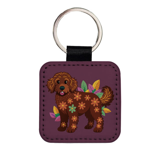 Dark Brown Golden Doodle Floral Motif Purple Dog Square Faux Leather Keychain