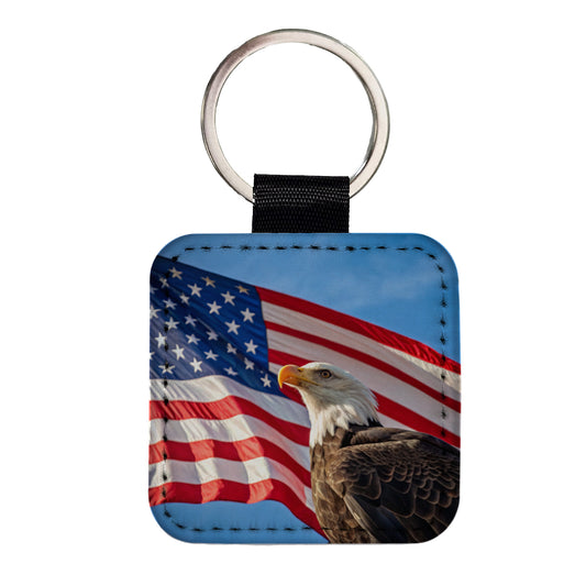 Eagle And American Flag USA United States Patriotic Square Faux Leather Keychain