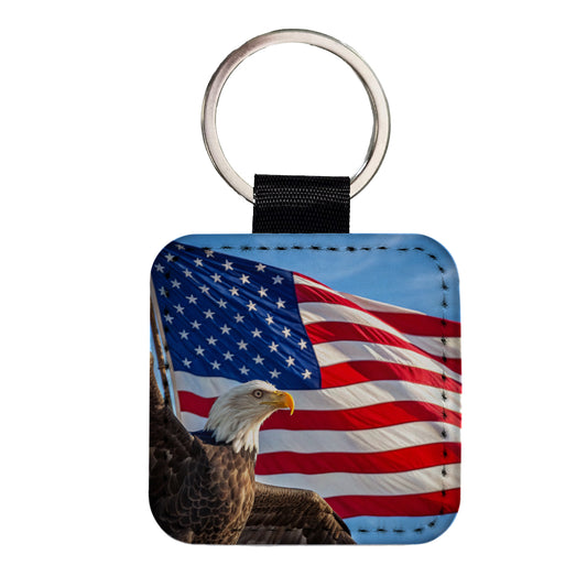 Eagle And American Flag USA United States Square Faux Leather Keychain