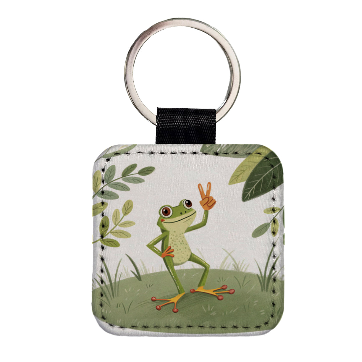 Frog Peace Sign Drawing Funny Square Faux Leather Keychain