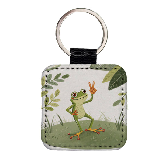 Frog Peace Sign Drawing Funny Square Faux Leather Keychain