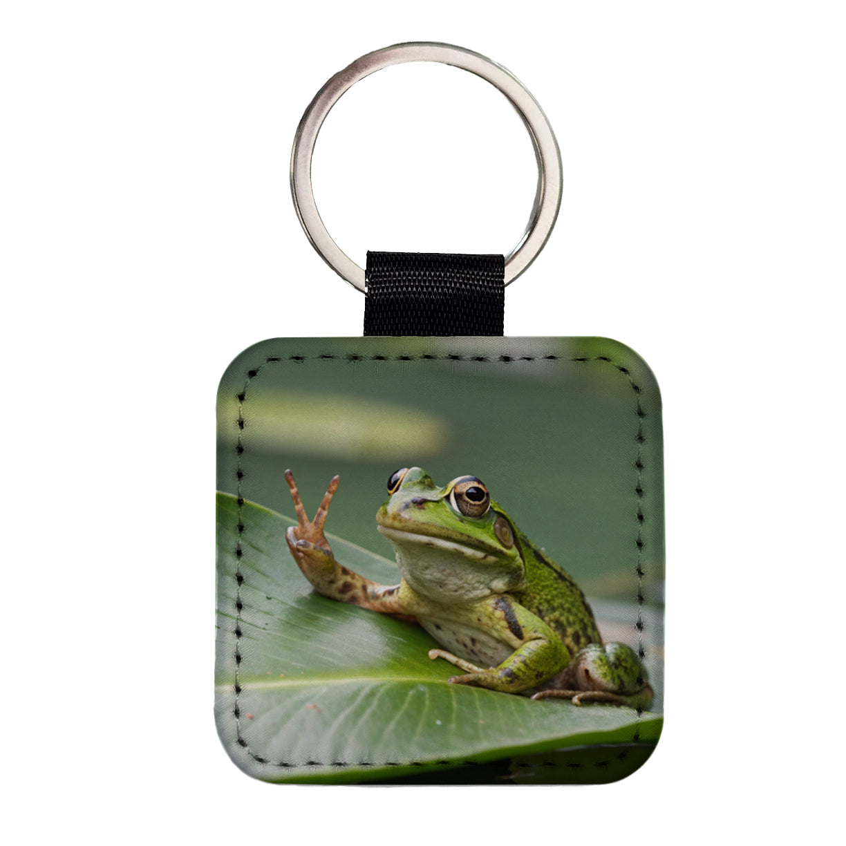 Frog Peace Sign Funny Square Faux Leather Keychain