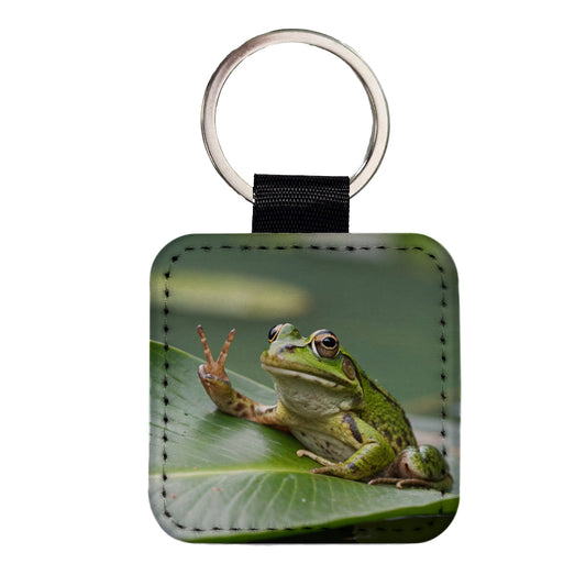 Frog Peace Sign Funny Square Faux Leather Keychain