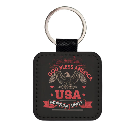 God Bless America Black Red USA United States Square Faux Leather Keychain