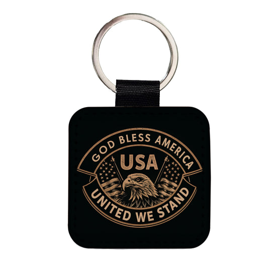 God Bless America Black Tan USA United States Square Faux Leather Keychain