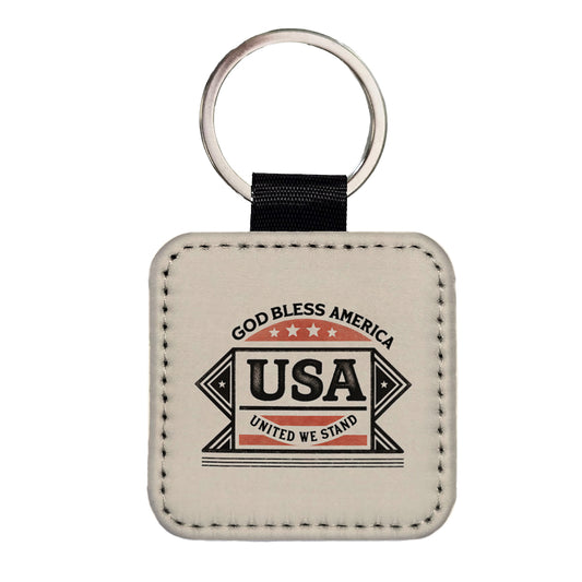 God Bless America USA United We Stand States Square Faux Leather Keychain