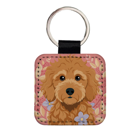 Golden Doodle Brown Head Floral Motif Pink Dog Square Faux Leather Keychain