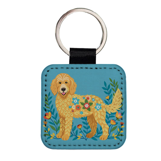 Golden Doodle Floral Motif Blue Dog Square Faux Leather Keychain