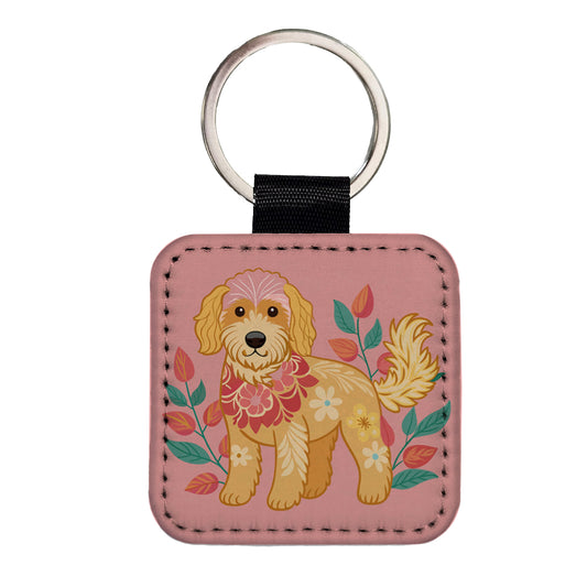 Golden Doodle Floral Motif Pink Dog Square Faux Leather Keychain