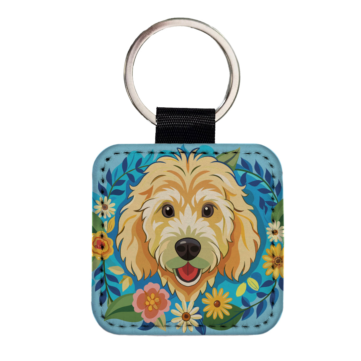Golden Doodle Head Floral Motif Blue Background Dog Square Faux Leather Keychain