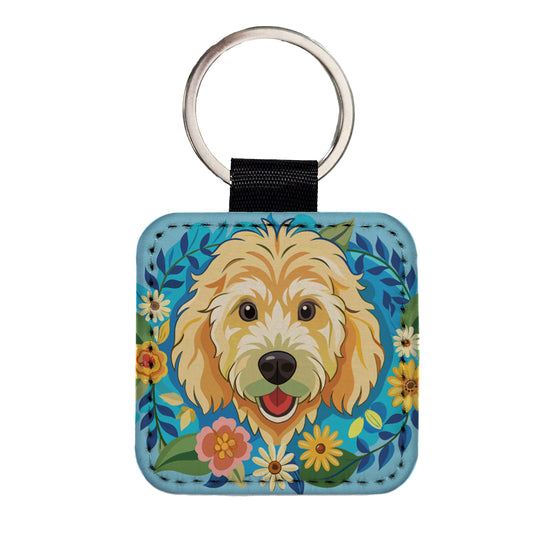 Golden Doodle Head Floral Motif Blue Background Dog Square Faux Leather Keychain