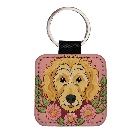 Golden Doodle Head Floral Motif Pink Dog Square Faux Leather Keychain