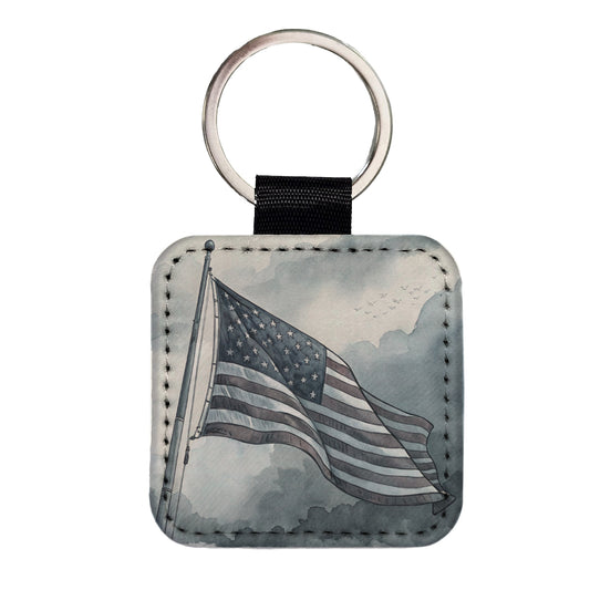 Gray American Flag Watercolor USA United States Square Faux Leather Keychain