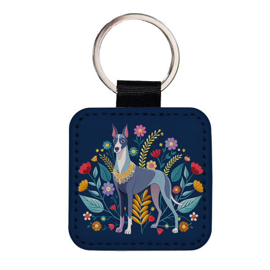 Great Dane Floral Motif Dog Blue Square Faux Leather Keychain
