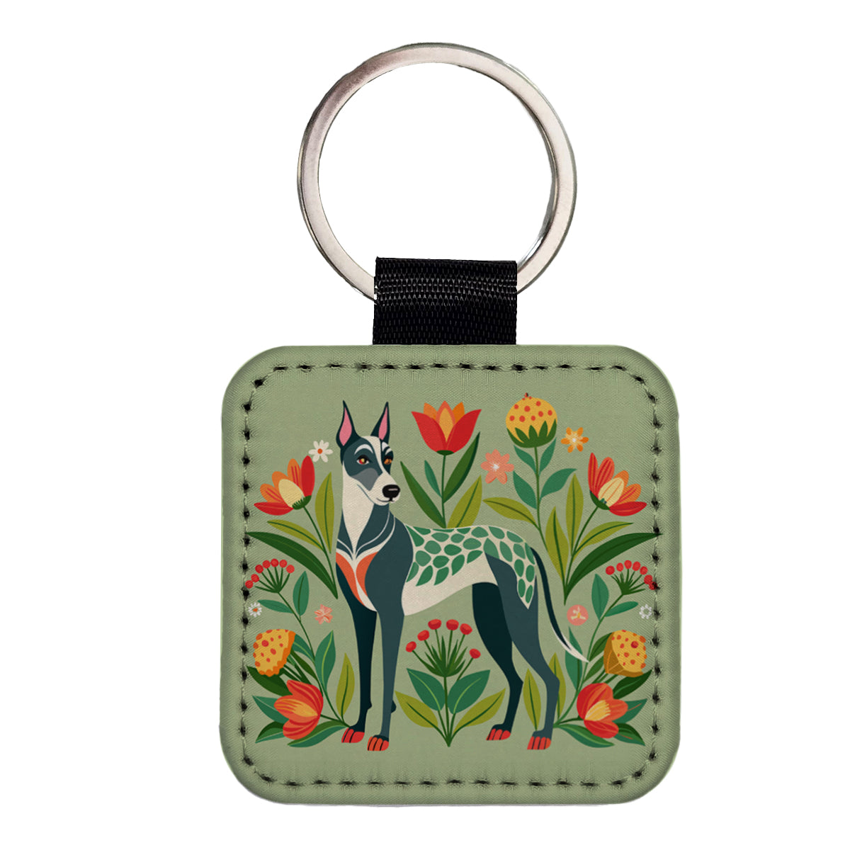 Great Dane Floral Motif Dog Standing Square Faux Leather Keychain