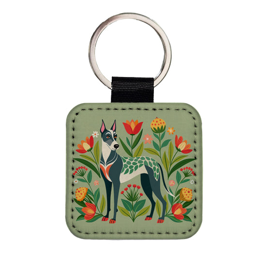Great Dane Floral Motif Dog Standing Square Faux Leather Keychain