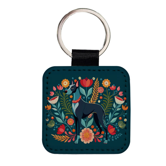 Great Dane Floral Motif Dog Square Faux Leather Keychain