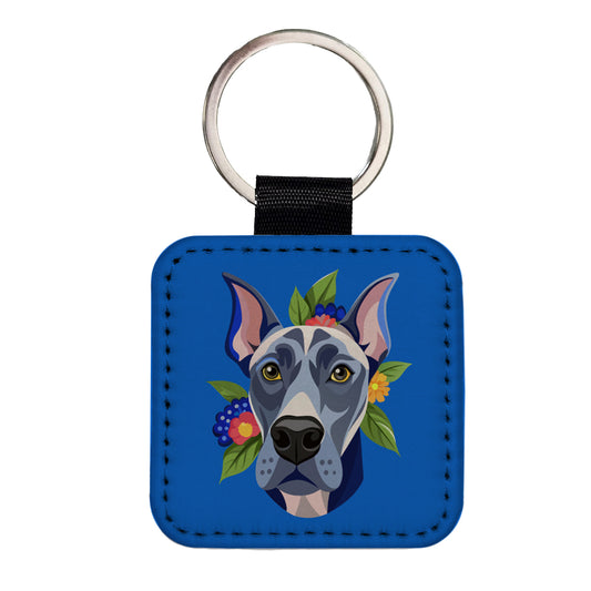 Great Dane Head Floral Motif Blue Dog Square Faux Leather Keychain