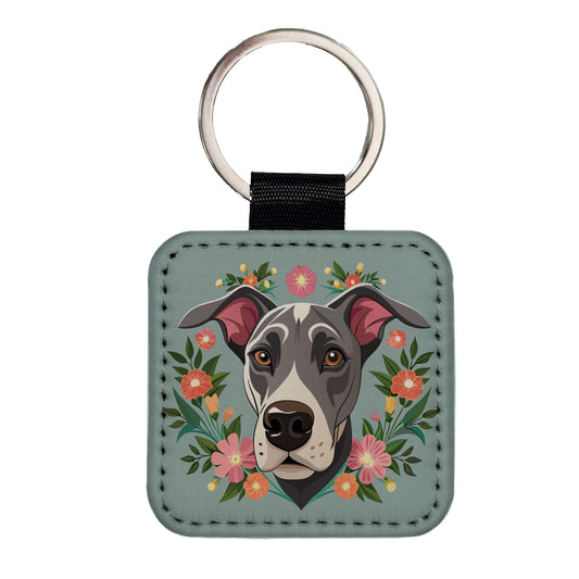 Great Dane Head Floral Motif Gray Dog Square Faux Leather Keychain